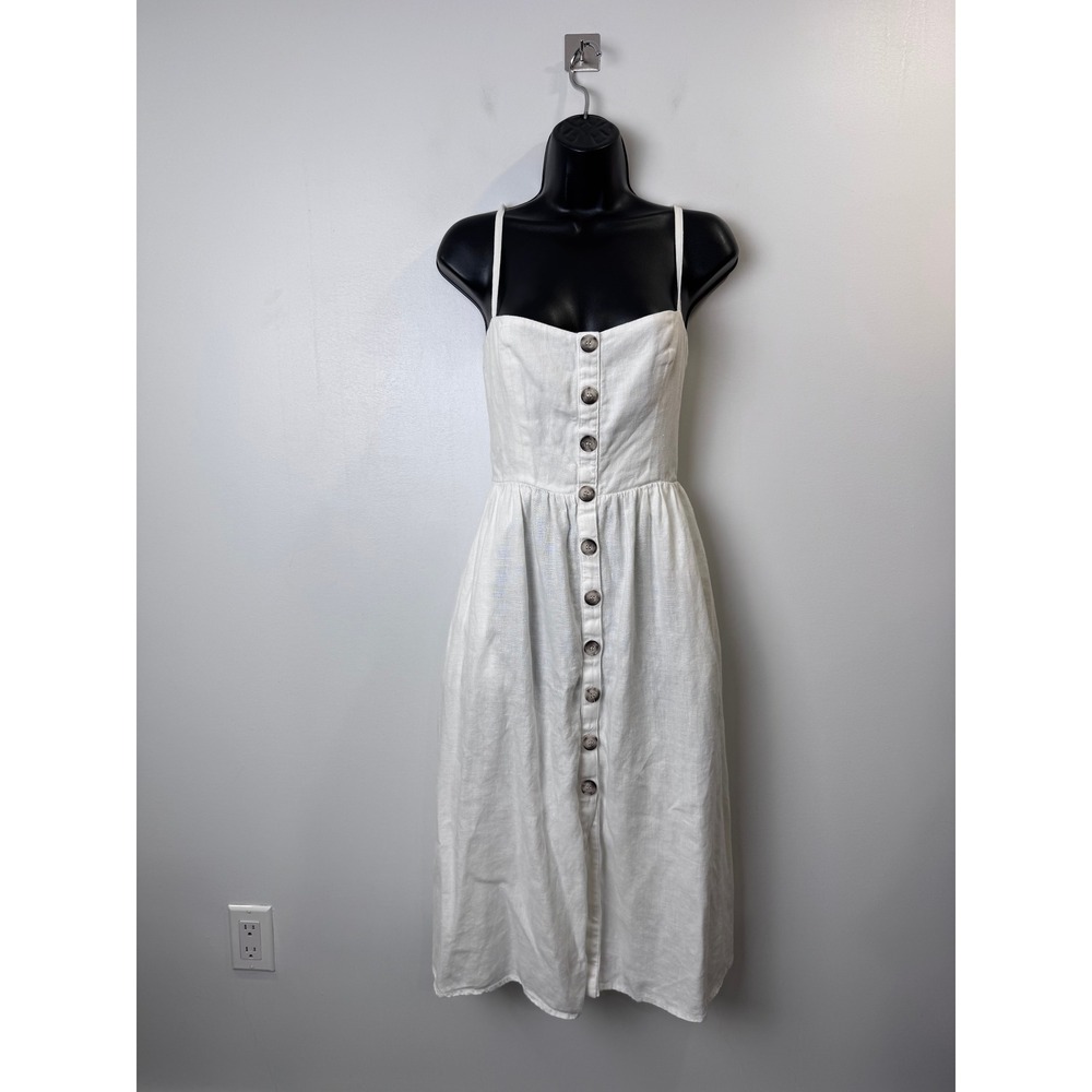 Reformation Women White Linen Button Front Midi Dress Smocked Back Size 4